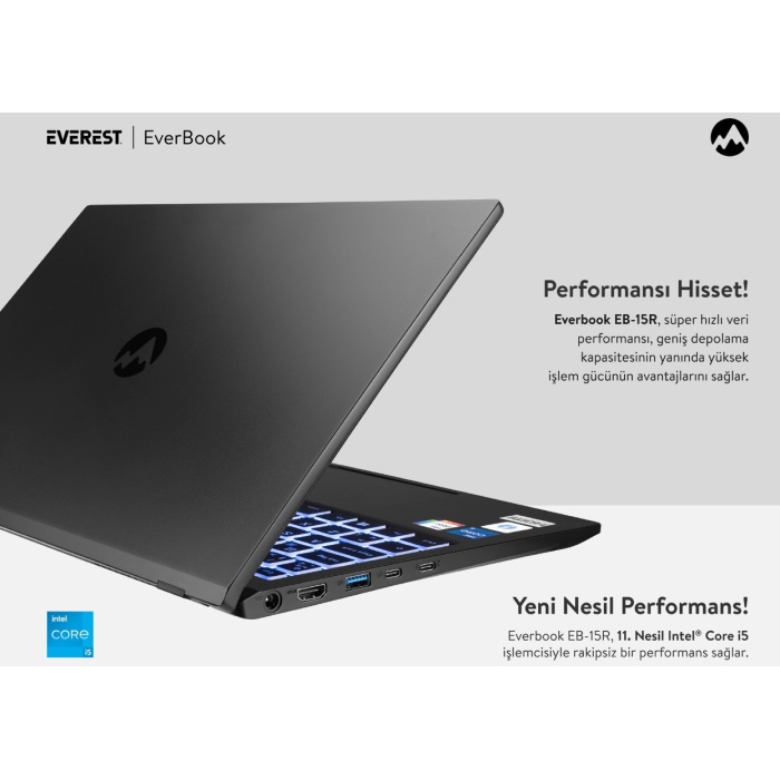 Everest Everbook Core i5 1135G7 8GB RAM 500GB NVME M.2 SSD 15.6 iPS Usb 3.2 RGB Klavye Laptop WİN10 HOME