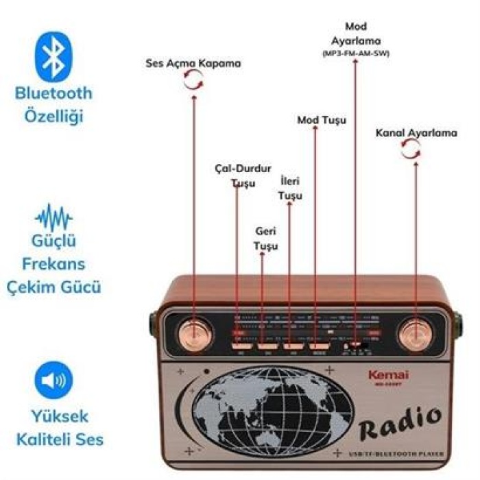 EÇB 503B Dekoratif Eskitme Nostalji Uzaktan Kumandalı Radyo Usb/Aux/Hafıza Kartı/Bluetooth/Şarjl