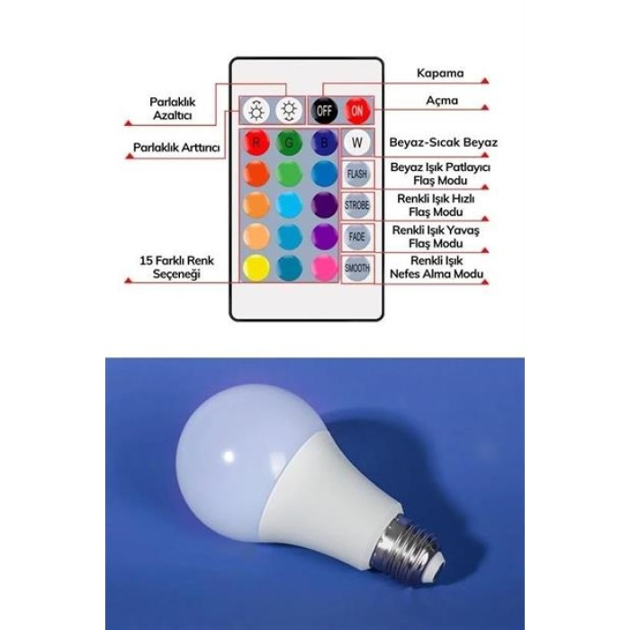 EÇB 9w Uzaktan Kumandalı 15 Farklı Renk Seçenekli Led Ampul