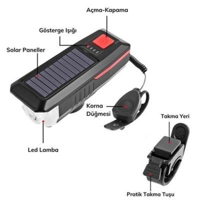 EÇB Solar Enerjili USB ile Şarj Edilebilir Ledli Bisiklet Feneri Kornalı ve Su Geçirmez Far