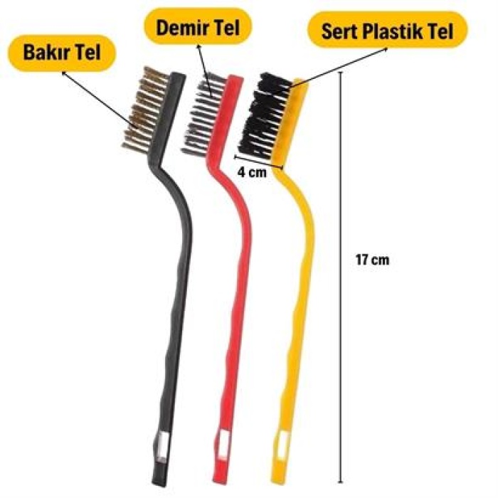 EÇB  3 lü Detaylı Temizlik Bakır,Demir ve Sert Plastik Tel Fırça