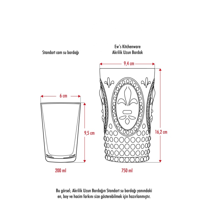 Akrilik Kırmızı 6lı Uzun Bardak & Su Meşrubat Bardağı 750 ml ( Büyük Boy & Cam Değildir )