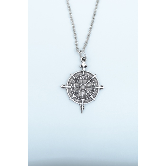 Viking Vegvisir Pusula  Gümüş Kaplama Düz Zincir Kolye