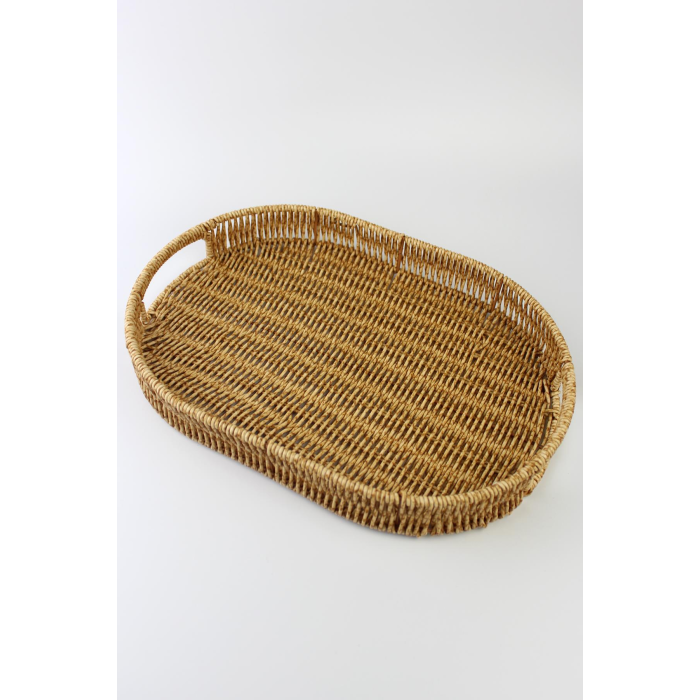 3 lü Rattan Tepsi Dekoratif Tepsi Hasır Örme Tepsi Oval Krem Royaleks-Alg11331