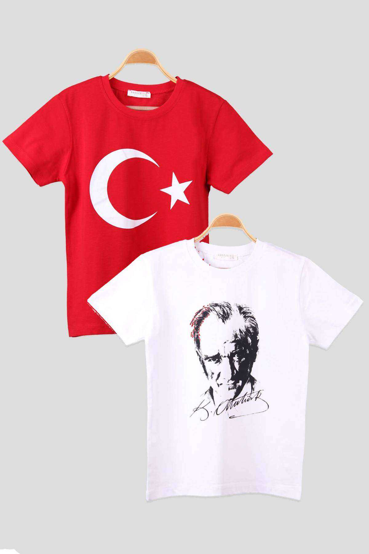 Atatürk ve İmzası Ay Yıldız Bayrak Baskılı Kombin Penye Çocuk Genç  Beyaz Kırmızı T-shirt