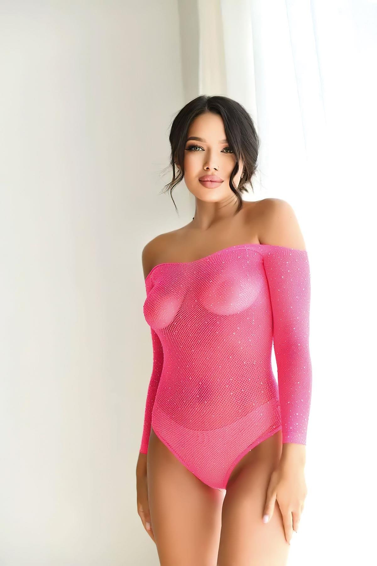 Night Light Kadın Pembe Taşlı Fantazi Body Vücut Çorabı 5540-3