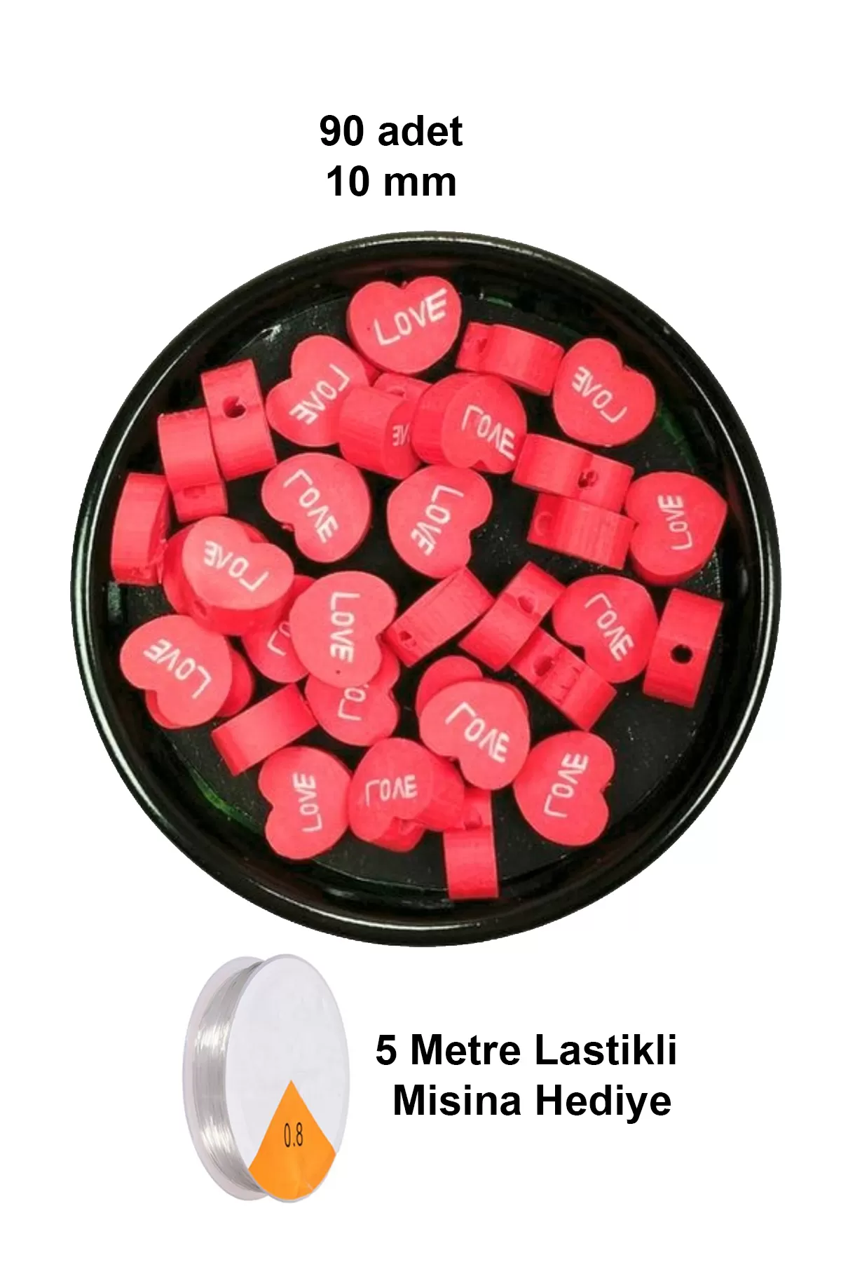 90 Adet 10 mm Polimer Kil Fimo Boncuk Takı Bileklik + 5 Metre Lastikli Misina Hediye - Kalp Love