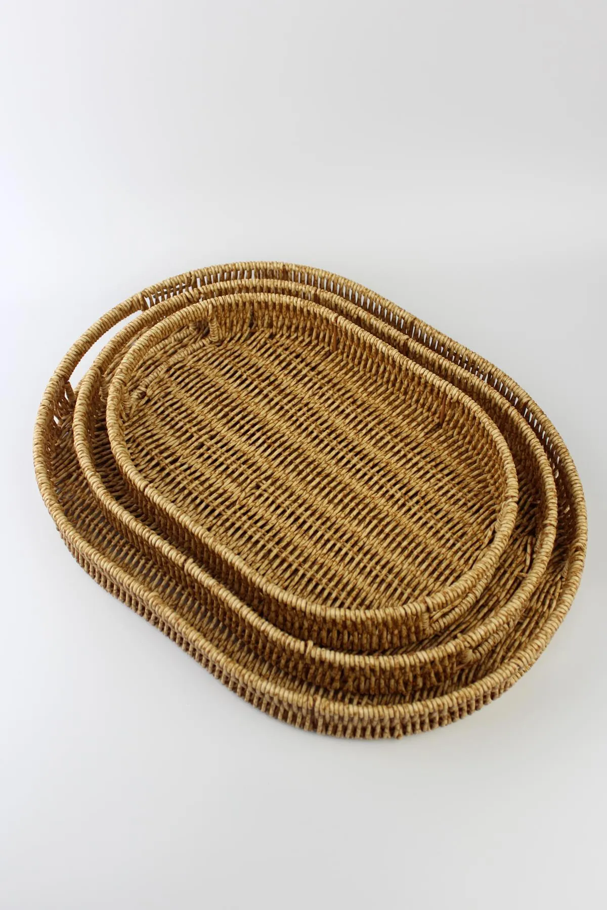 3 lü Rattan Tepsi Dekoratif Tepsi Hasır Örme Tepsi Oval Krem Royaleks-Alg11331