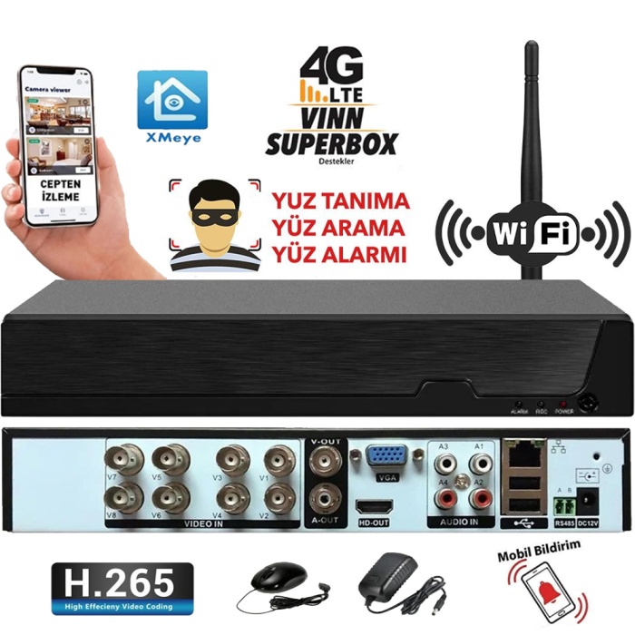 J-TECH 8 KANAL H.265+ 5MP DESTEKLİ XMEYE AHD+TVI+CVI+ IP+ANALOG WiFii (HIBRIT) KAYIT CİHAZI 08JDVR