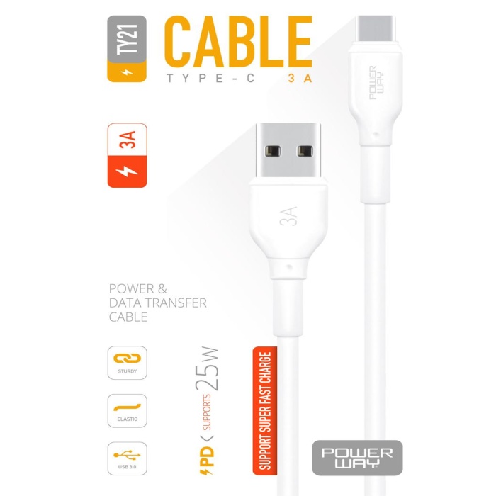 Powerway TY21 25W 3A Amper Type-C PD Xiaomi Huawei Samsung Oppo Uyumlu Hızlı Şarj ve Data Kablo 1MT