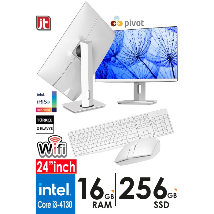 J-TECH 41T i3 4130 3.40GHz 16GB RAM 256GB SSD WiFi Klavye Mouse 24 inç Pivot FHD All in One PC