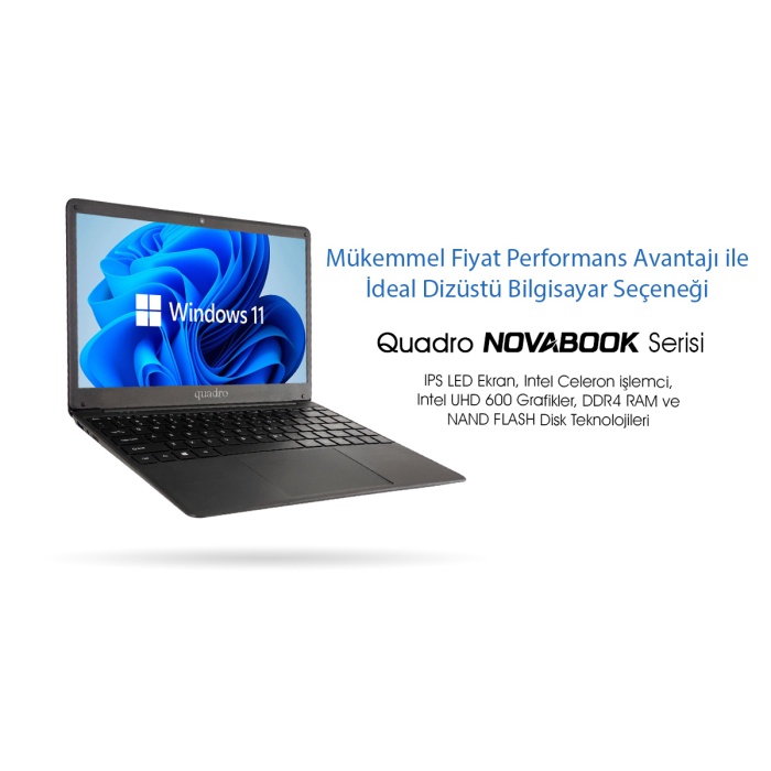 QUADRO NovaBook GN15-140P-CJ N4020 4GB 128GB SSD O/B Intel UHD 14 W11H Siyah Notebook