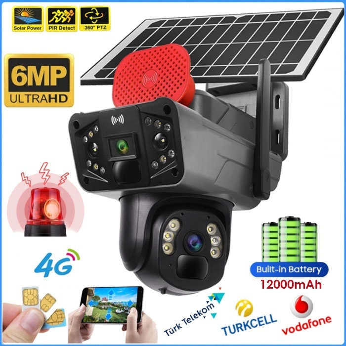 DARKBLUE 3916 6MP 4K 4G Sim Kartlı Güneş Panel Dual Lens Solar Sirenli Mikrofon 360 PTZ Güvenlik Kamera