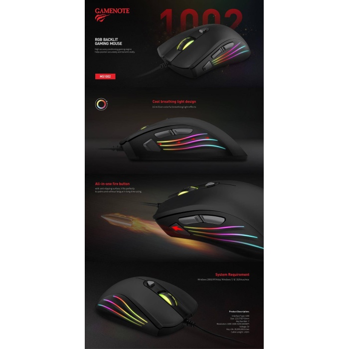 GameNote MS1002 RGB Gaming Mouse 6400 DPI Ayarlanabilir RGB ışıklı/DPI