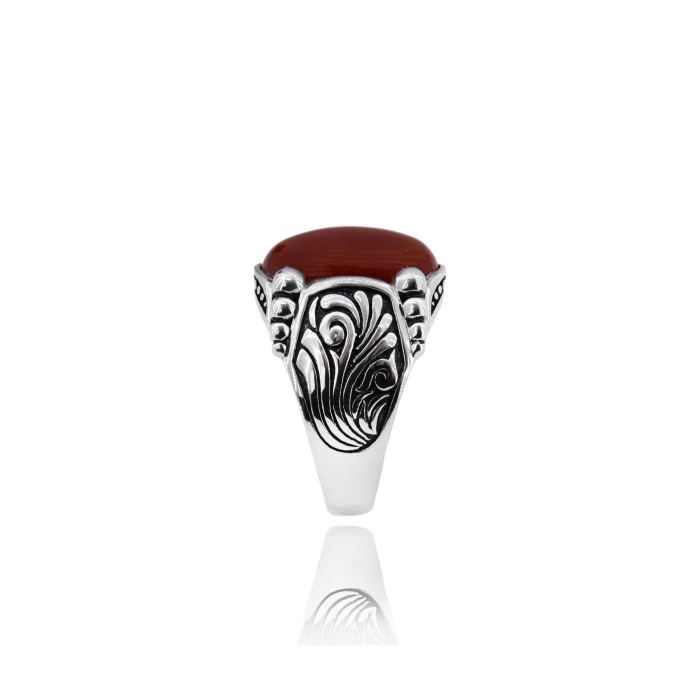 Oval Akik Taşlı Otantik Desenli Gümüş Erkek Yüzük