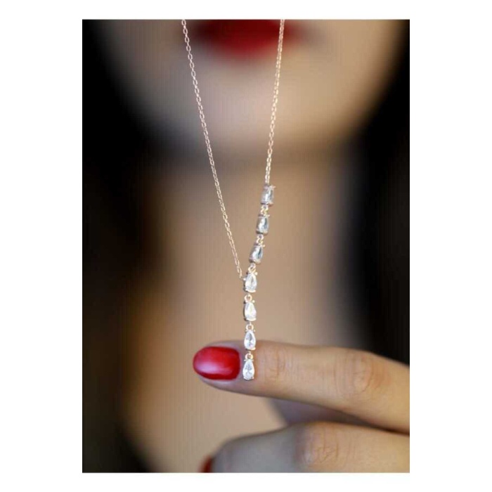 925 Ayar Zirkon Taşlı Damla Model Rose Kaplama Hayalet Kolye
