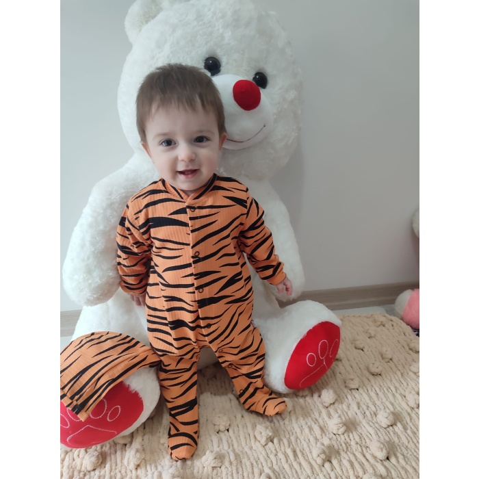 3-6-9-12 Ay Pooh Desenli Zebra Çizgili Şapkalı Sweatli 3lü Kız Erkek Bebek Tulumu(sarı)