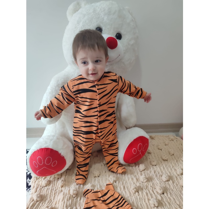 3-6-9-12 Ay Pooh Desenli Zebra Çizgili Şapkalı Sweatli 3lü Kız Erkek Bebek Tulumu(sarı)