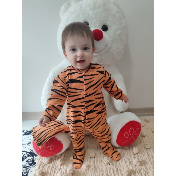 3-6-9-12 Ay Pooh Desenli Zebra Çizgili Şapkalı Sweatli 3lü Kız Erkek Bebek Tulumu (turuncu)