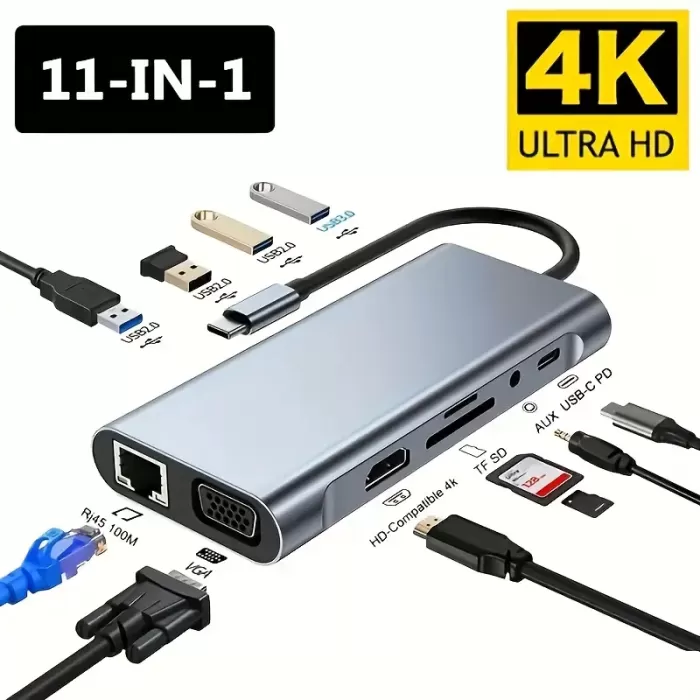 MacBook & Windows Dizüstü Bilgisayarlar için 11li USB-C Hub - Çift SD/TF Kart Yuvaları, HDTV, VGA, Ethernet ve Güç Dağıtım Genişletme Tabanı, Dizüstü Bilgisayar Genişletme Hub | Modern Aksesuar | Dayanıklı Alüminyum Gövde