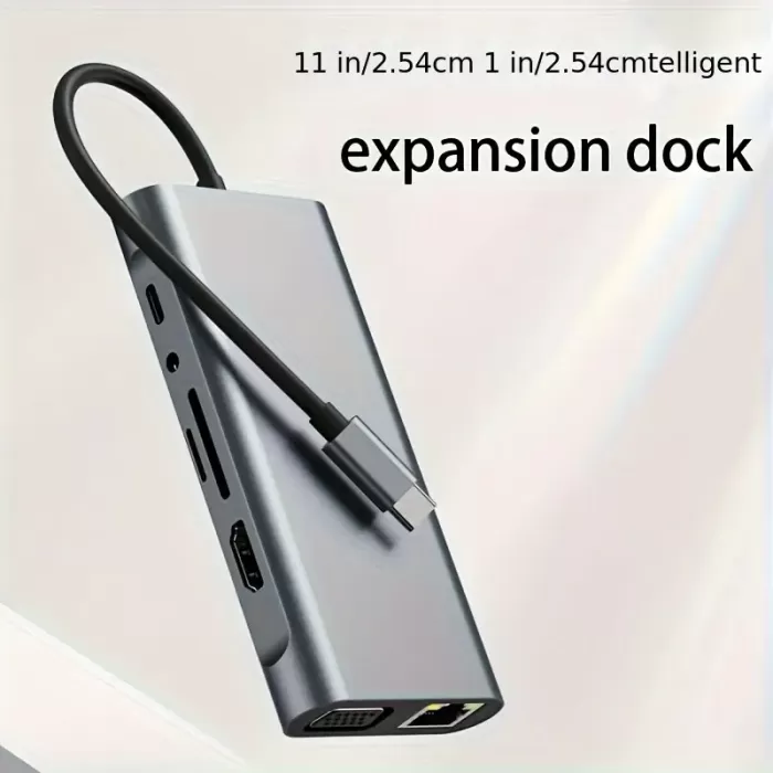 MacBook & Windows Dizüstü Bilgisayarlar için 11li USB-C Hub - Çift SD/TF Kart Yuvaları, HDTV, VGA, Ethernet ve Güç Dağıtım Genişletme Tabanı, Dizüstü Bilgisayar Genişletme Hub | Modern Aksesuar | Dayanıklı Alüminyum Gövde