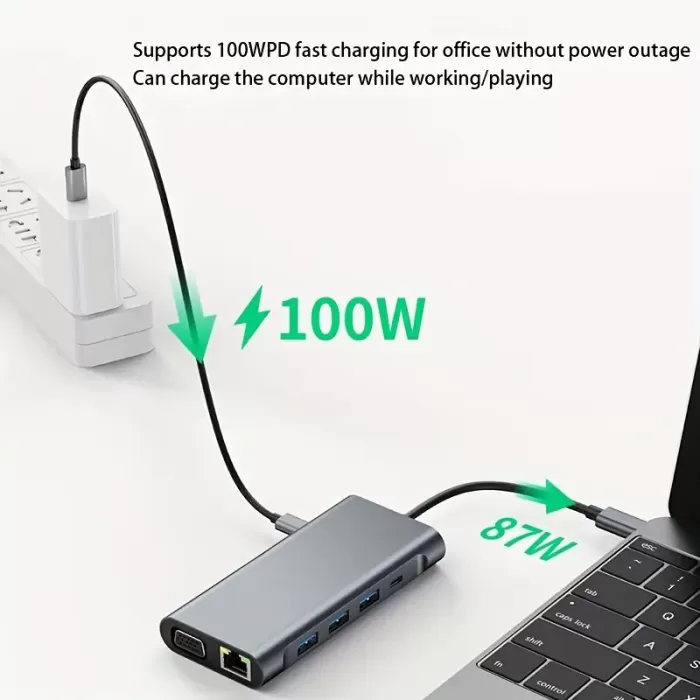 MacBook & Windows Dizüstü Bilgisayarlar için 11li USB-C Hub - Çift SD/TF Kart Yuvaları, HDTV, VGA, Ethernet ve Güç Dağıtım Genişletme Tabanı, Dizüstü Bilgisayar Genişletme Hub | Modern Aksesuar | Dayanıklı Alüminyum Gövde