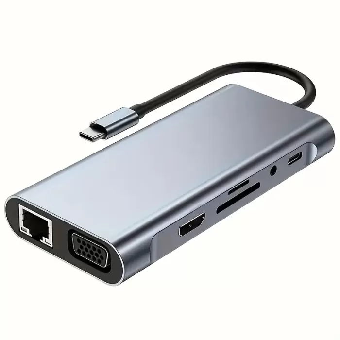 MacBook & Windows Dizüstü Bilgisayarlar için 11li USB-C Hub - Çift SD/TF Kart Yuvaları, HDTV, VGA, Ethernet ve Güç Dağıtım Genişletme Tabanı, Dizüstü Bilgisayar Genişletme Hub | Modern Aksesuar | Dayanıklı Alüminyum Gövde