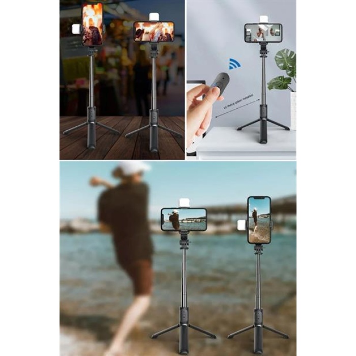  Kendiliğinden Işıklı Masaüstü Tripod Olabilen Telefon Tutuculu Kablosuz Kumandalı Selfie Çubuğu