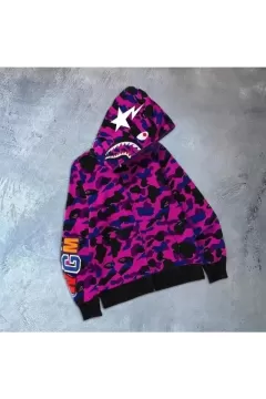 Unisex 2 İplik Premium Bape Kapüşonu Fermuarlı Hırka - Mor