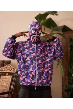 Unisex 2 İplik Premium Bape Kapüşonu Fermuarlı Hırka - Mor