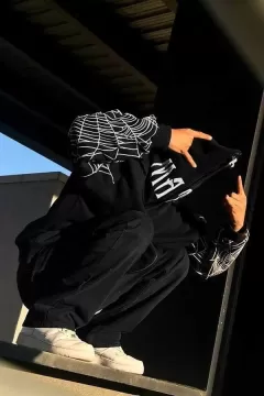 Erkek Kadın Bape Spider Baskılı Oversize Hırka - Siyah