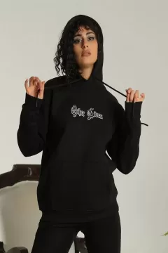 Kadın Sırt Baskılı Oversize Üç İplik Kapüşonlu Sweatshirt - Siyah