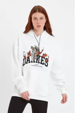 Kadın DANKES Baskılı Kapüşonlu Sweat - Beyaz