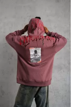 Erkek Ön ve Arka Baskılı Kapüşonlu 3 İplik Sweatshirt - Gül Kurusu