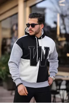 Erkek W Nakış İşlemeli Kapüşonlu Sweatshirt - Siyah