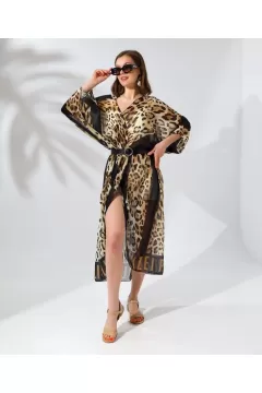 Kadın Rahat Kesim Kemerli Şifon Kimono - Leopar