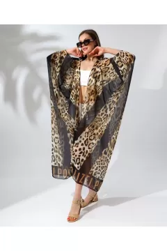 Kadın Rahat Kesim Kemerli Şifon Kimono - Leopar