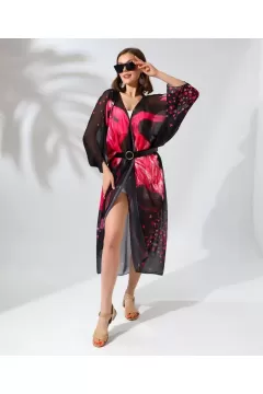 Kadın Rahat Kesim Kemerli Şifon Kimono - Siyah