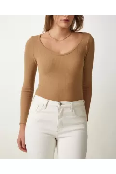 Kadın Fitilli Likralı Body Crop - Camel