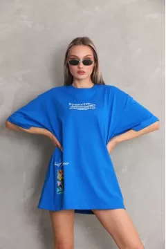 Unisex Bisiklet Yaka Baskılı Oversize T-Shirt - Mavi