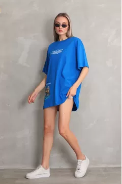 Unisex Bisiklet Yaka Baskılı Oversize T-Shirt - Mavi