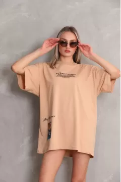 Unisex Bisiklet Yaka Baskılı Oversize T-Shirt - Bej