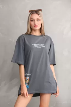 Unisex Bisiklet Yaka Baskılı Oversize T-Shirt - Gri