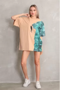 Unisex Bisiklet Yaka Baskılı Oversize T-Shirt - Bej