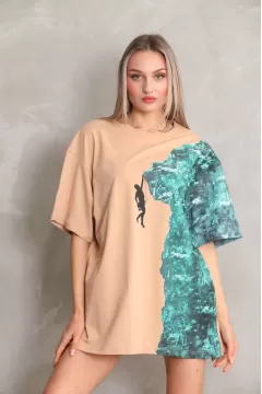 Unisex Bisiklet Yaka Baskılı Oversize T-Shirt - Bej