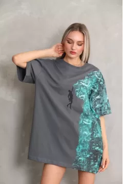 Unisex Bisiklet Yaka Baskılı Oversize T-Shirt - Gri