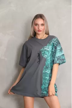 Unisex Bisiklet Yaka Baskılı Oversize T-Shirt - Gri