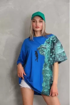 Unisex Bisiklet Yaka Baskılı Oversize T-Shirt - Mavi