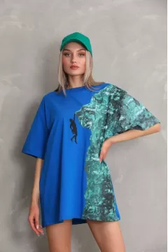 Unisex Bisiklet Yaka Baskılı Oversize T-Shirt - Mavi