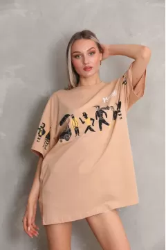 Unisex Bisiklet Yaka Baskılı Oversize T-Shirt - Bej